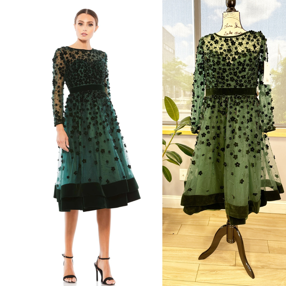 MAC DUGGAL EMBELLISHED ILLUSION HIGH NECK LONG SLEEVE FIT & FLARE Size 6